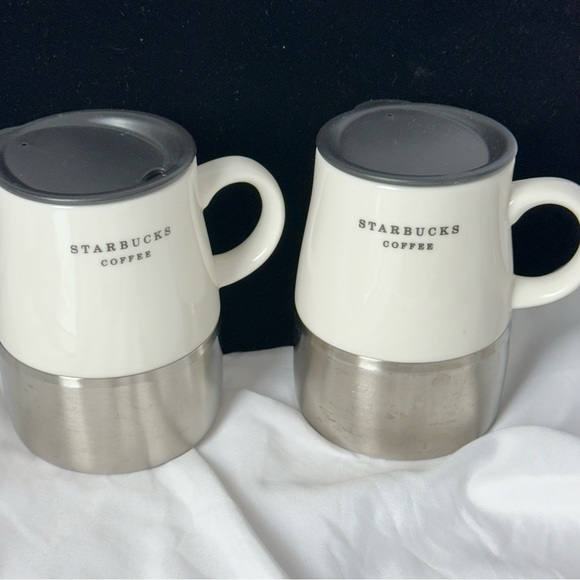 Starbucks Weighted Travel Mug Set of 2 Stainless Bottom Ceramic Top Lid - Picture 2 of 8